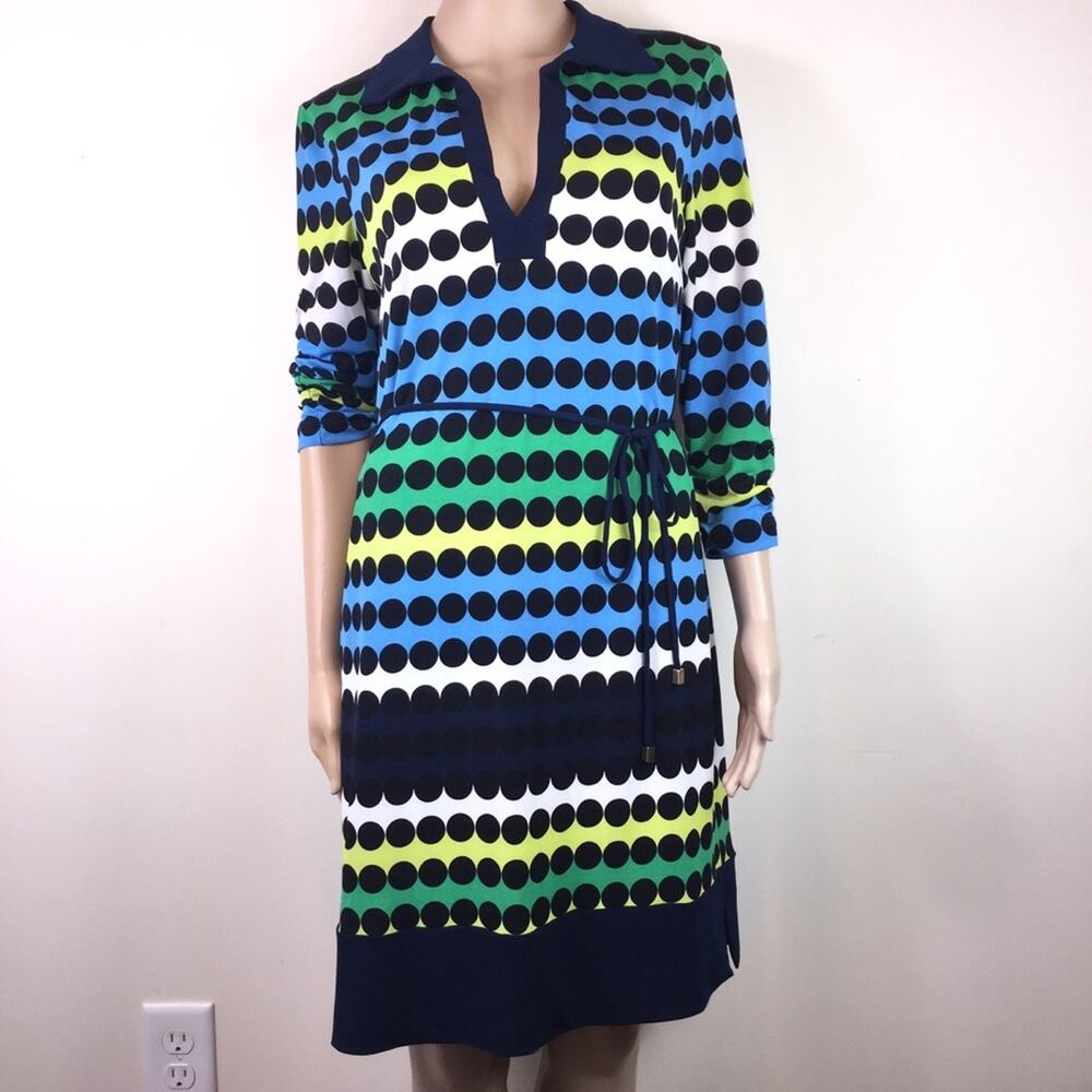 Muse Blue/Green Striped Shirt Dress w/ Dot Design and‎ Tie Belt, Sz 12